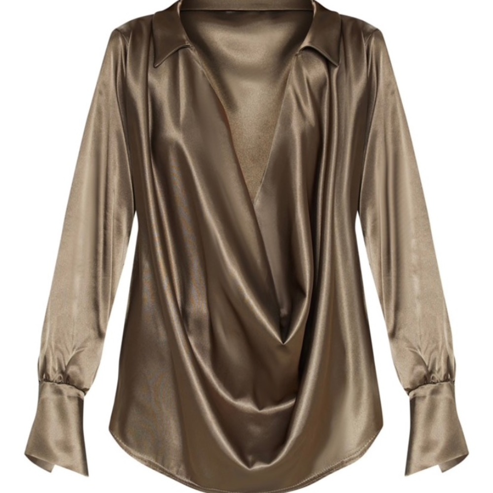 Khaki Extreme Cowl Longline Satin Shirt